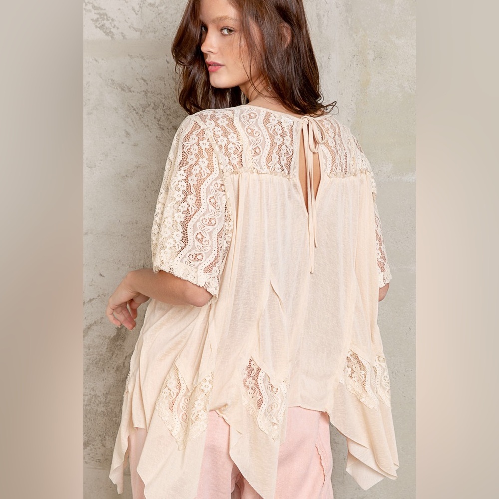 POL Cream Sheer Slub Knit Short Sleeve Lace Open Back Tie Top - Picture 2 of 5